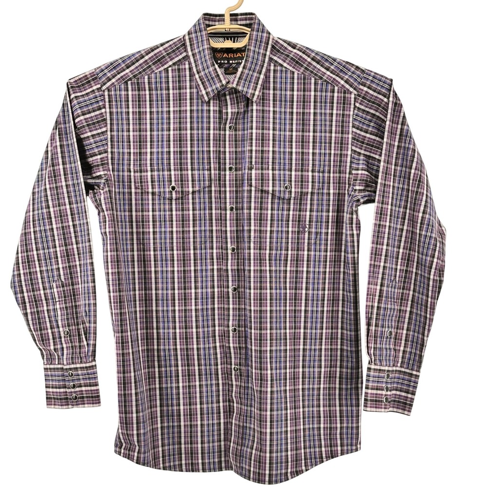 Ariat Pro Series Mens Small Purple Plaid Long Sleeve Snap Front Western Shirt - Picture 2 of 11